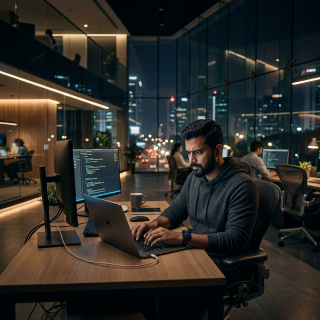 Indian software engineer programming in a modern office