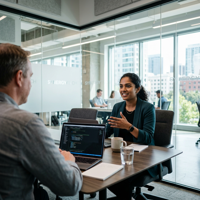Candidate speaking confidently in a modern glass-walled interview room
