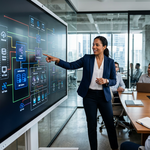 Professional presenting system architecture diagram on a digital whiteboard